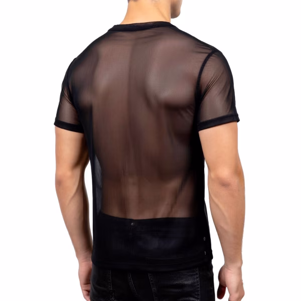 T-shirt sexy pour homme semi-transparent : résille noire et col V