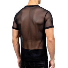 T-shirt sexy pour homme semi-transparent : résille noire et col V