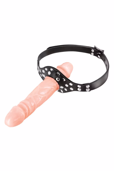 BDSM : Bâillon à rivets et double-gode réaliste (interne/externe)