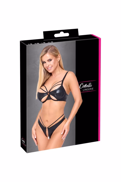 Lingerie sexy : Ensemble wetlook noir avec string ouvert