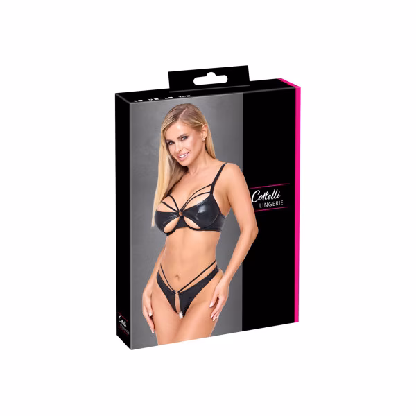 Lingerie sexy : Ensemble wetlook noir avec string ouvert