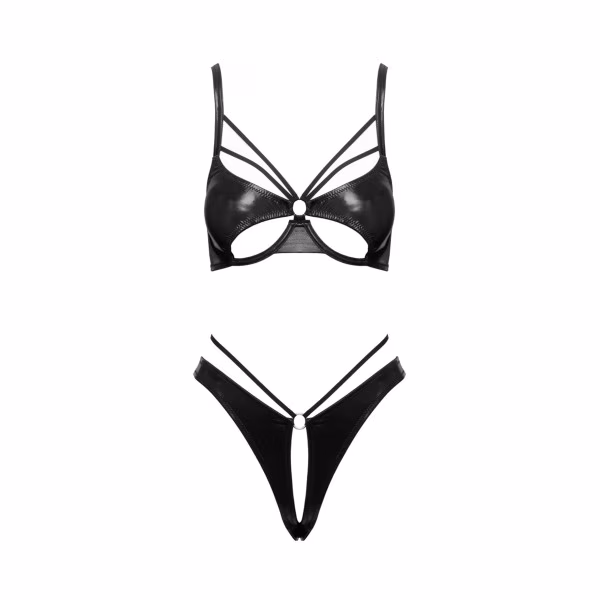 Lingerie sexy : Ensemble wetlook noir avec string ouvert