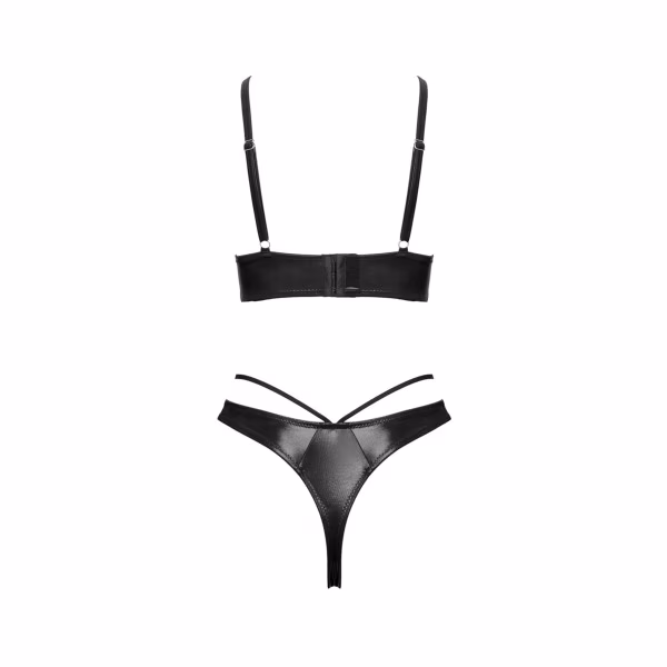 Lingerie sexy : Ensemble wetlook noir avec string ouvert