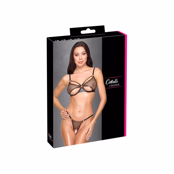 Lingerie sexy : Ensemble noir en résille avec string ouvert