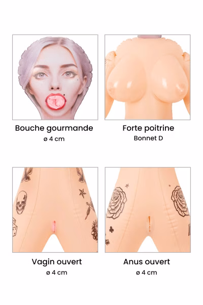 Poupée gonflable sexuelle : tatouages + 3 ouvertures