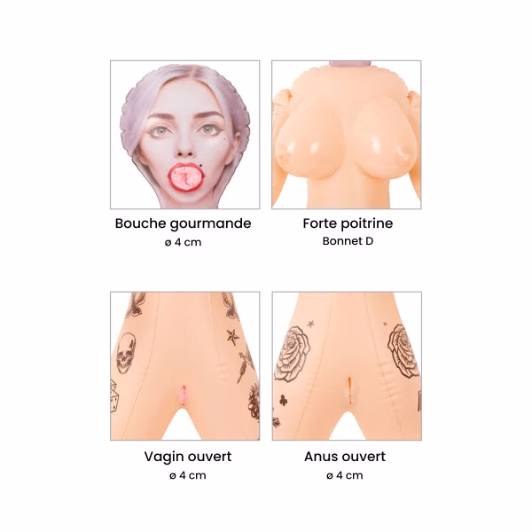 Poupée gonflable sexuelle : tatouages + 3 ouvertures