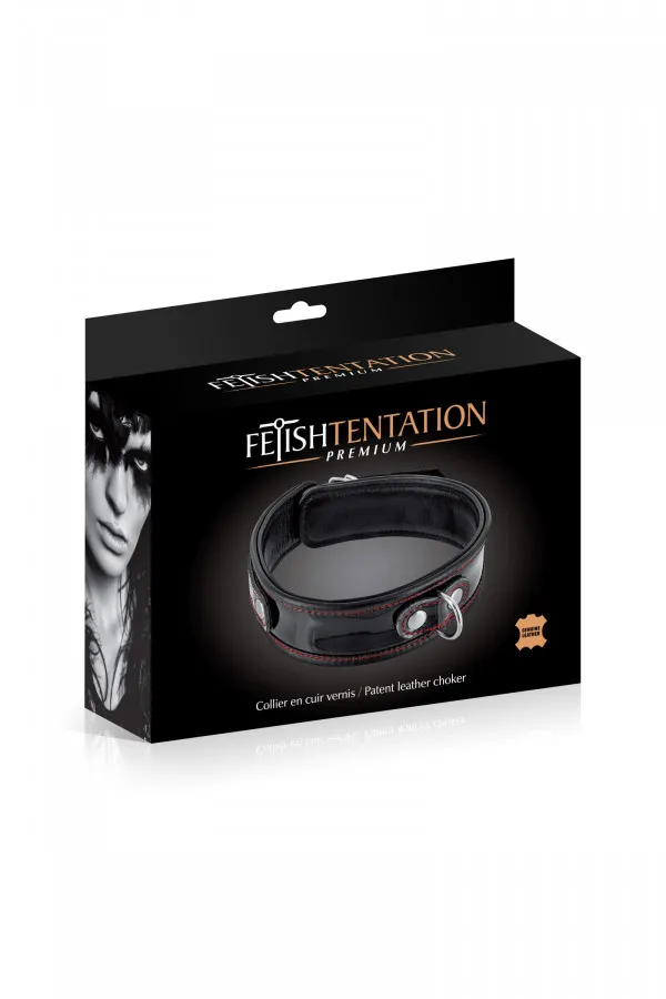 Collier fétichiste : collier en cuir noir laqué avec anneau