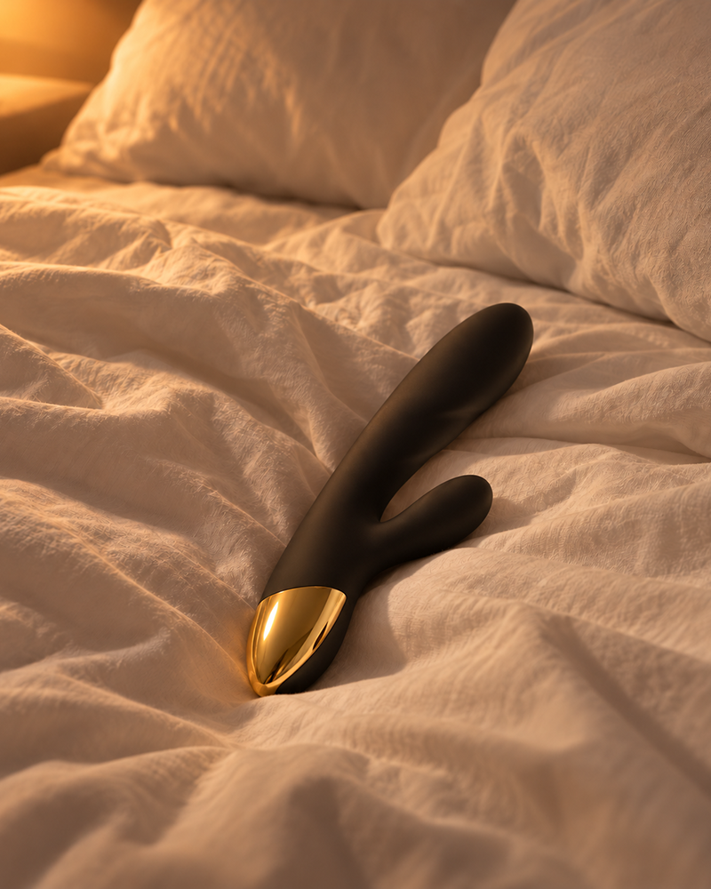 Sextoy noir et or à double stimulation posé sur des draps blancs froissés
