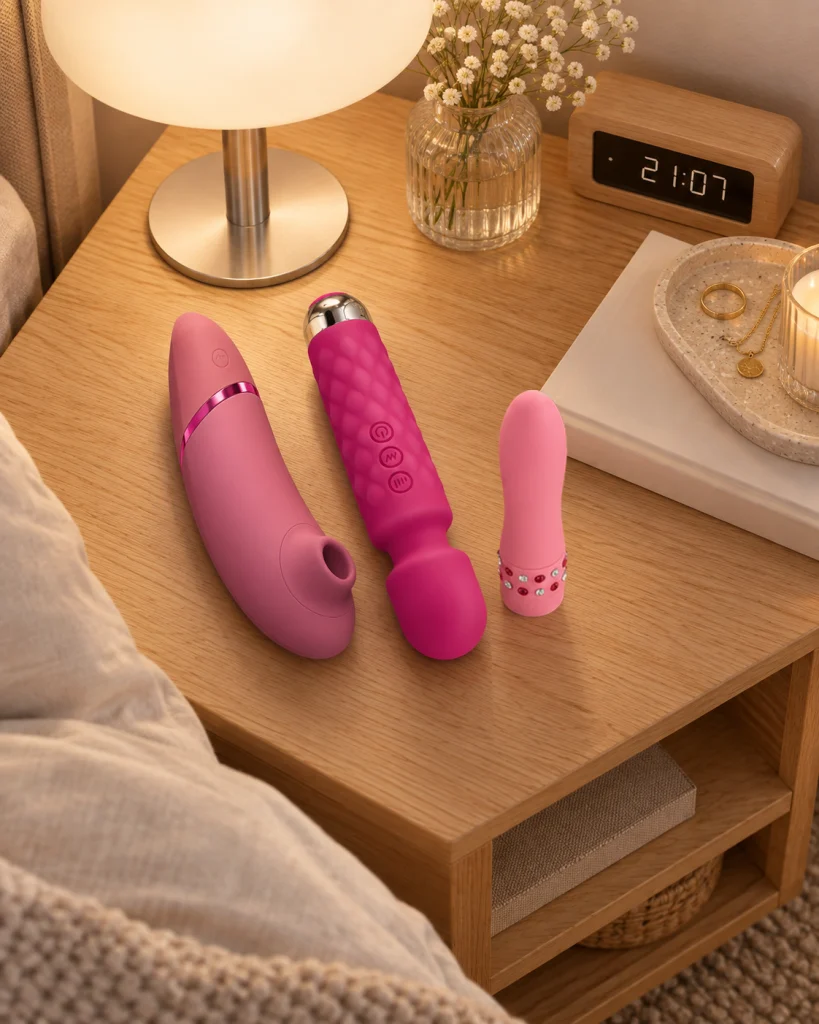 Trois sextoys roses posés sur une table de chevet en bois clair