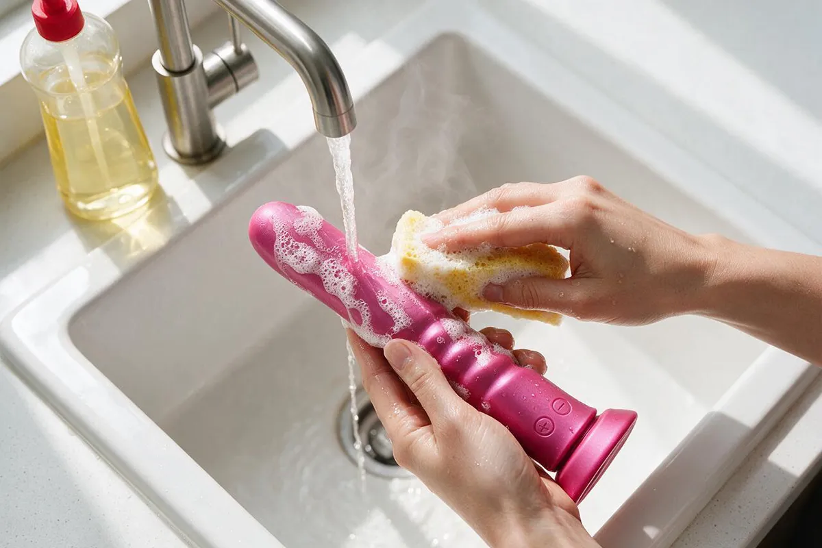 Nettoyage d'un gode en silicone avec un savon doux et de l'eau tiède pour éliminer les résidus et assurer une bonne hygiène du sextoy.