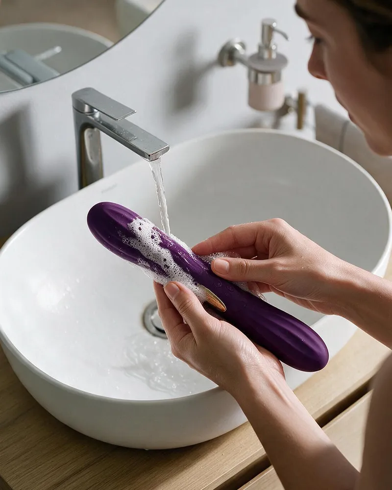 Une personne nettoie un gode double violet sous un filet d'eau avec de la mousse dans un lavabo.