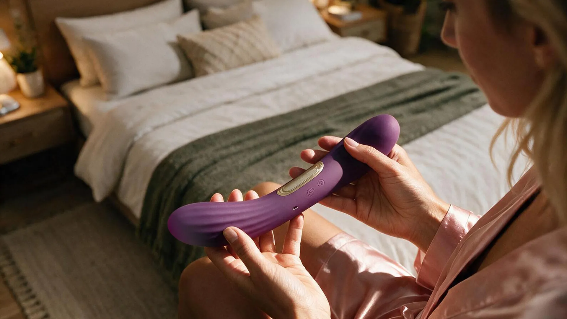 Une femme tient un gode double violet dans sa chambre avant son utilisation.