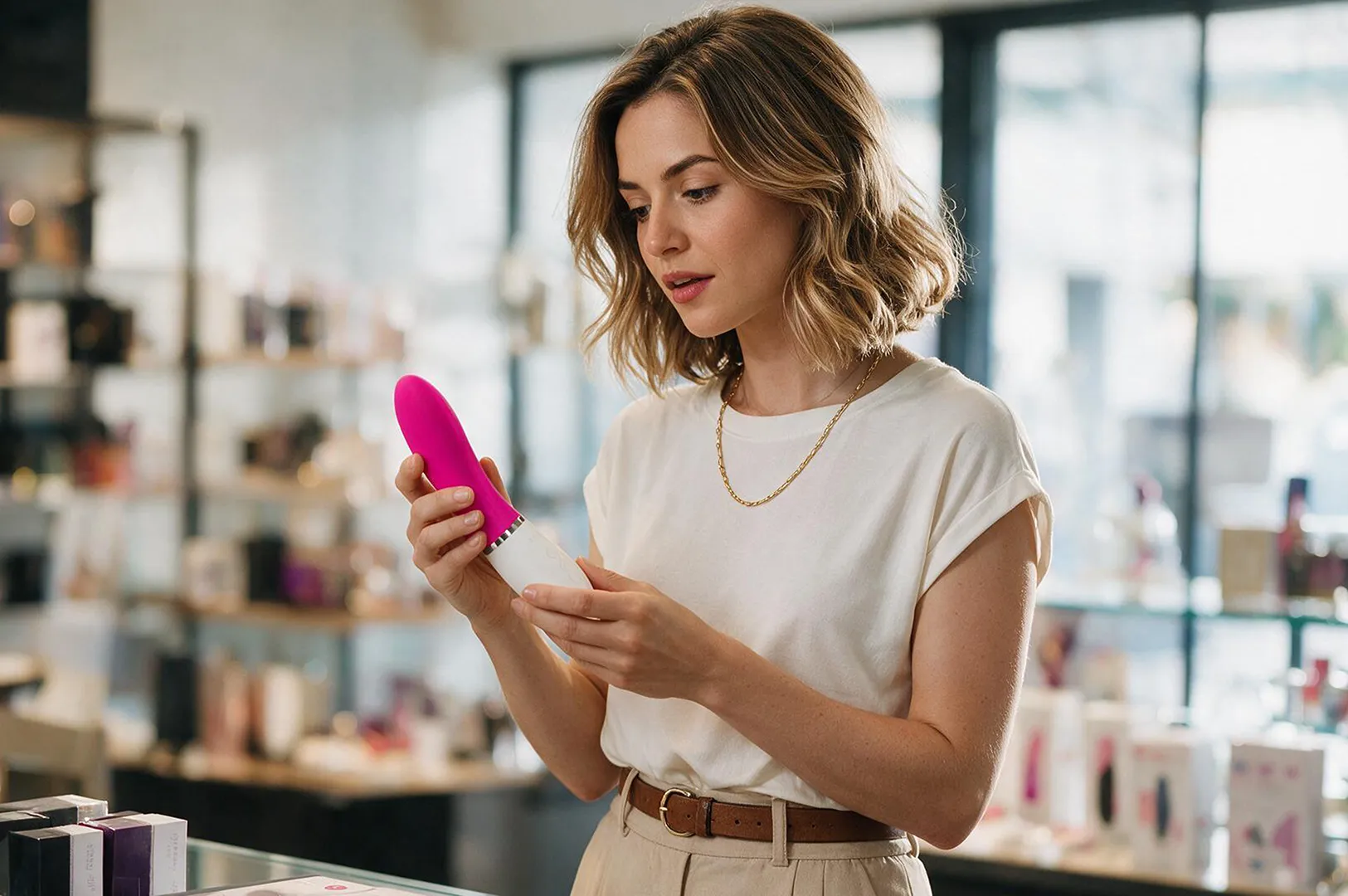 Choisir son premier gode Femme observant un gode pour choisir son premier modèle dans un love store