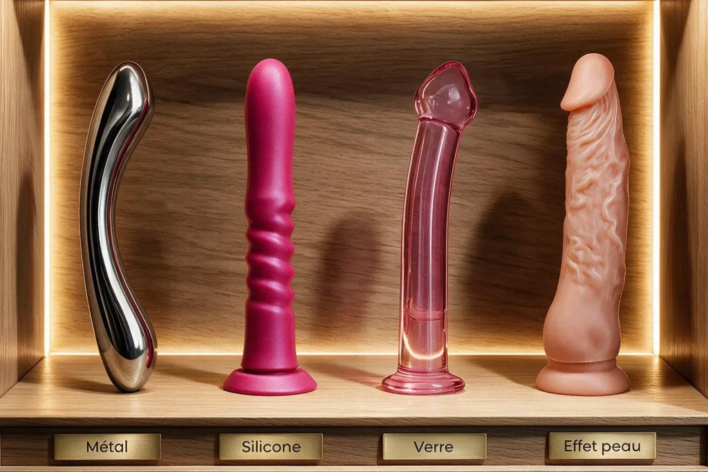 Comparatif de godemichets en métal, silicone médical, verre et TPE illustrant les principales matières disponibles.