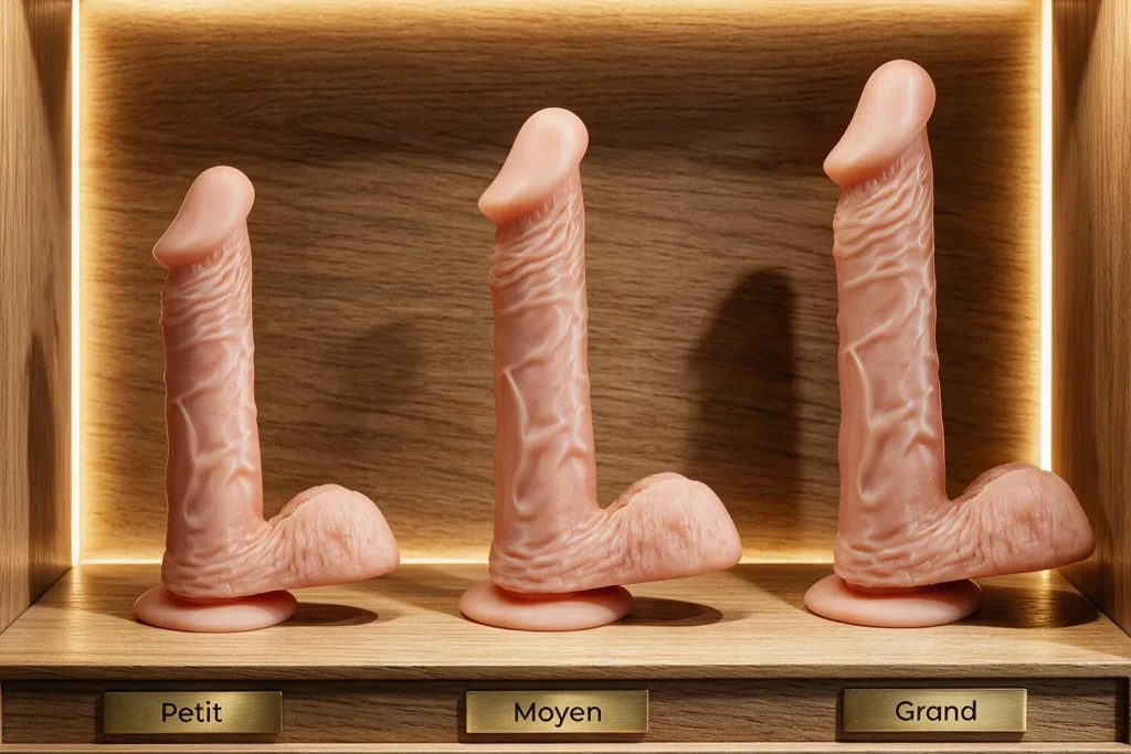 Comparatif de trois tailles de godemichets réalistes petit, moyen et grand.