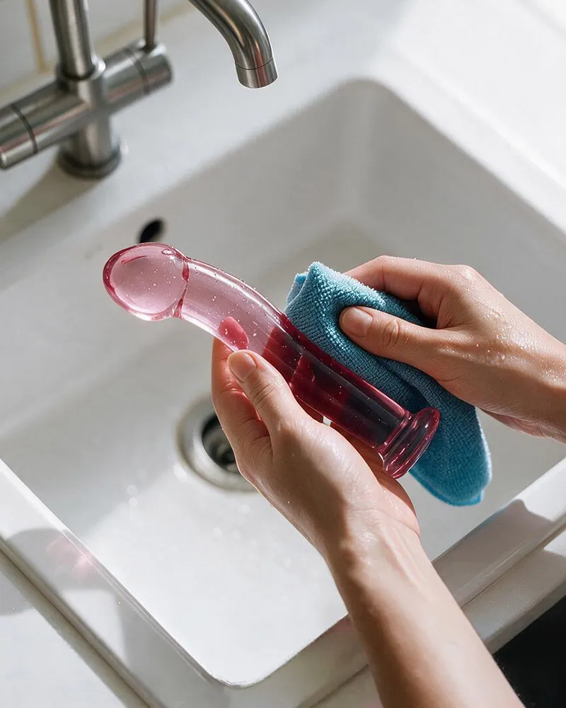 Séchage d'un gode en verre avec un chiffon microfibre après son nettoyage afin de préserver une bonne hygiène et prolonger sa durée de vie.