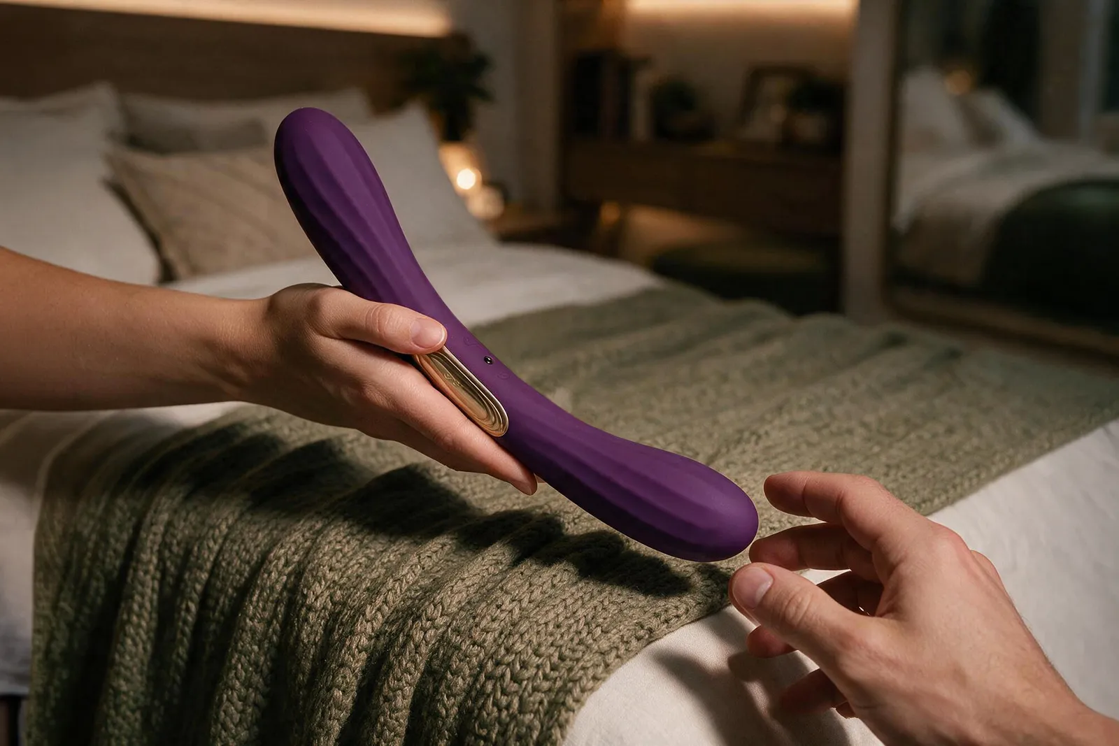 Une personne tend un gode double violet à son partenaire dans une chambre avant une utilisation en couple.