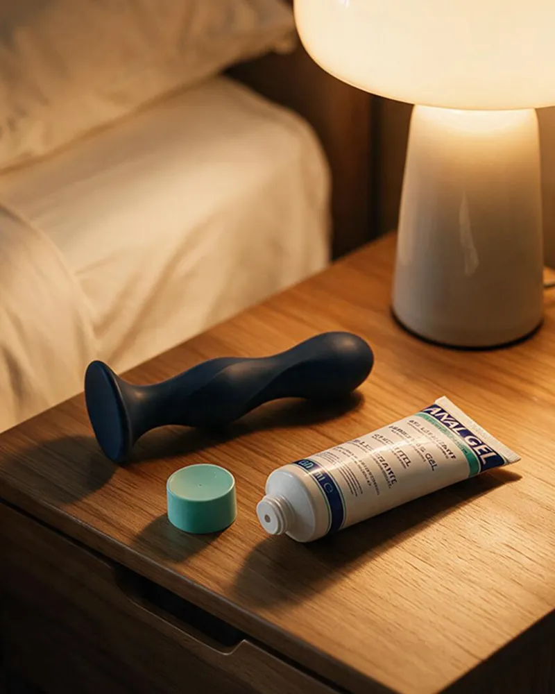 Lubrifiant anal avec sextoy anal sur une table de chevet