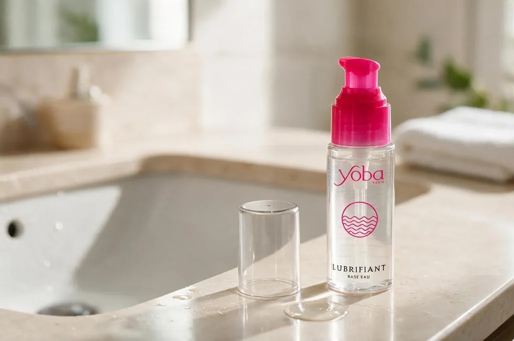 Lubrifiant intime à base d’eau Yoba dans une salle de bain