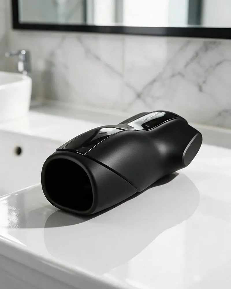Masturbateur de gland pour homme posé sur un plan de salle de bain