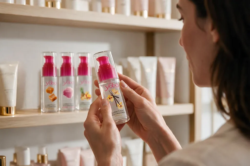 Femme choisissant un lubrifiant intime Yoba dans une boutique