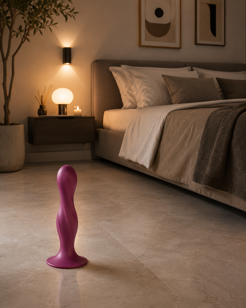 Gode ventouse rose fixé au sol dans une chambre près d’un lit