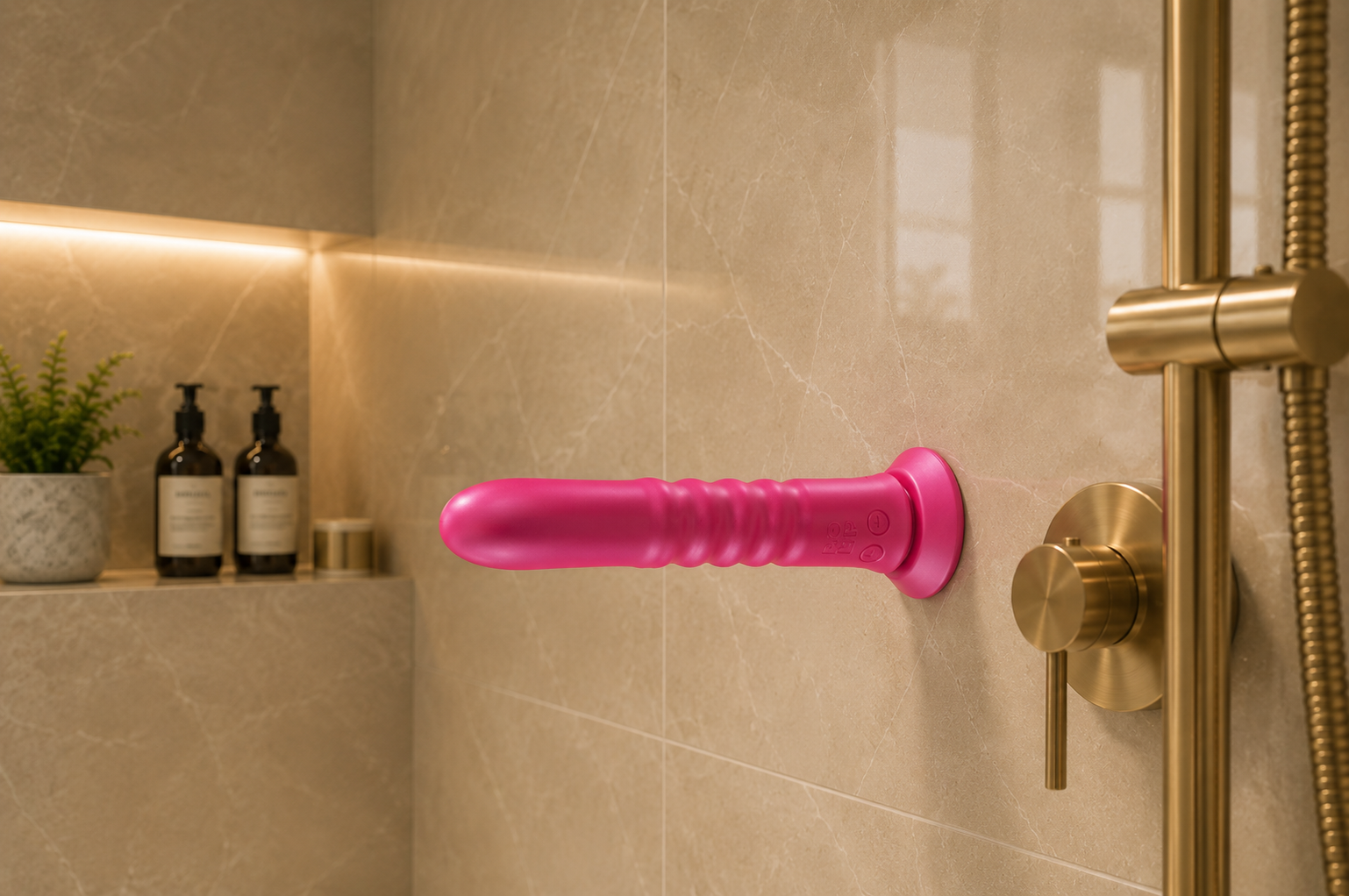 Gode ventouse : le plaisir mains libres Gode ventouse rose fixé sur une paroi de douche