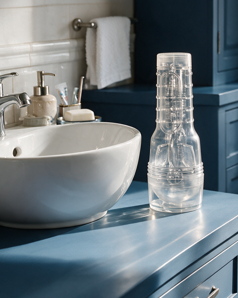 Masturbateur Fleshlight Ice transparent posé sur un meuble bleu, à côté d'un lavabo dans une salle de bain