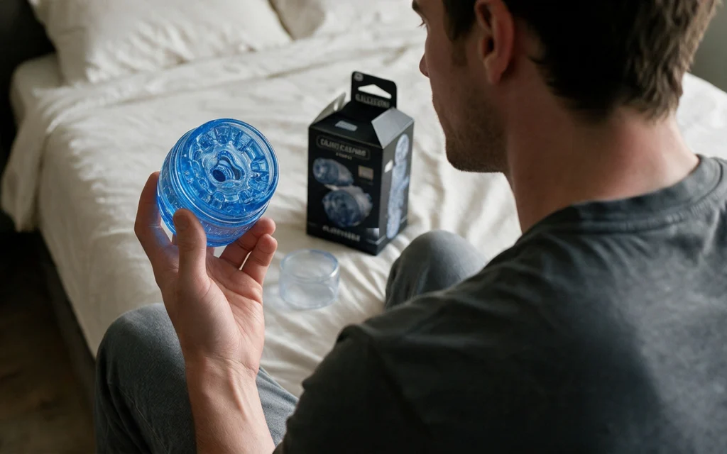 Homme tenant un masturbateur Fleshlight Quickshot Turbo bleu transparent, assis sur un lit