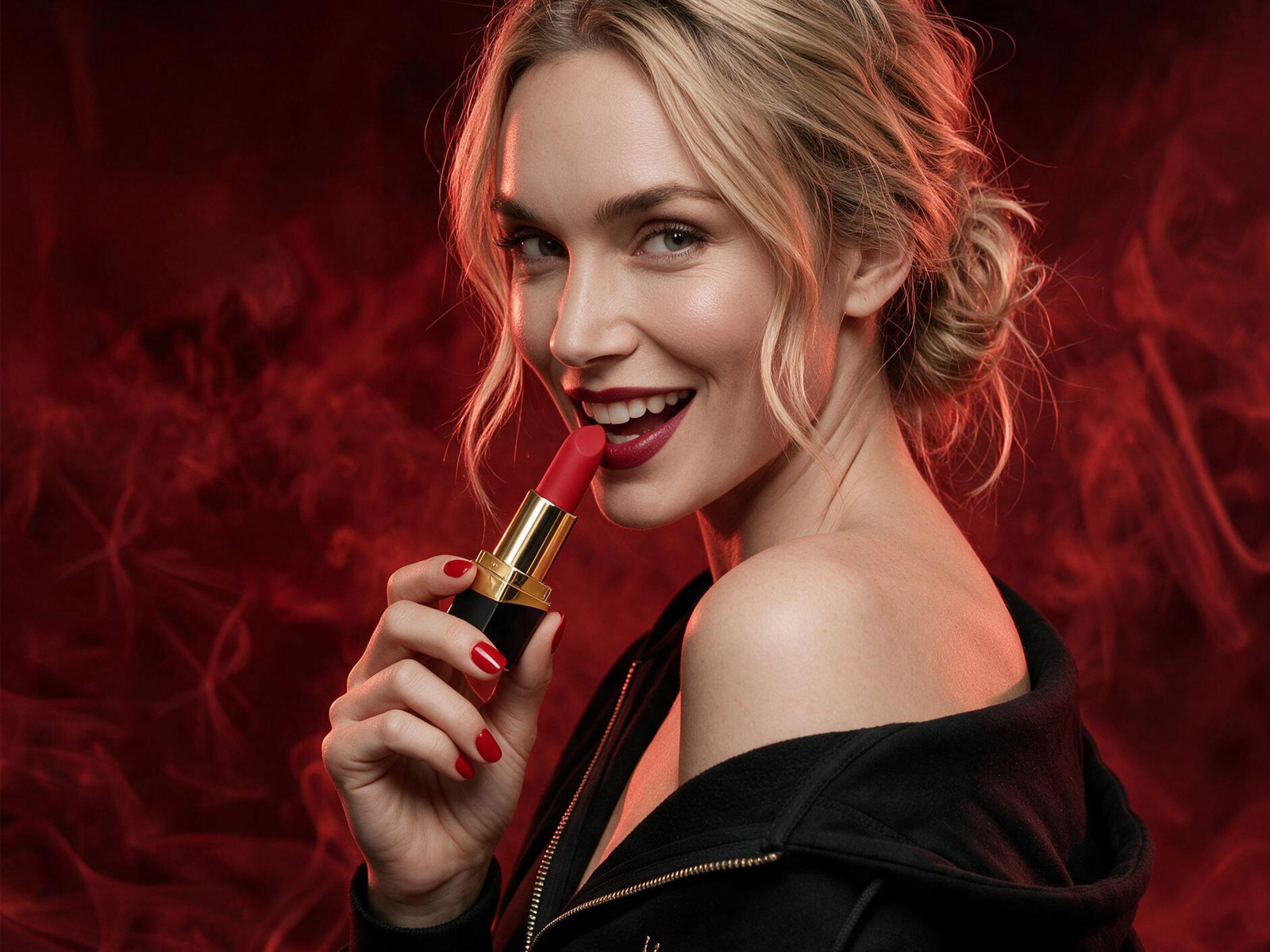 Femme souriante tenant le stimulateur clitoridien My Bourgeoise de Black Empire, discrètement conçu sous la forme d'un rouge à lèvres rouge et or