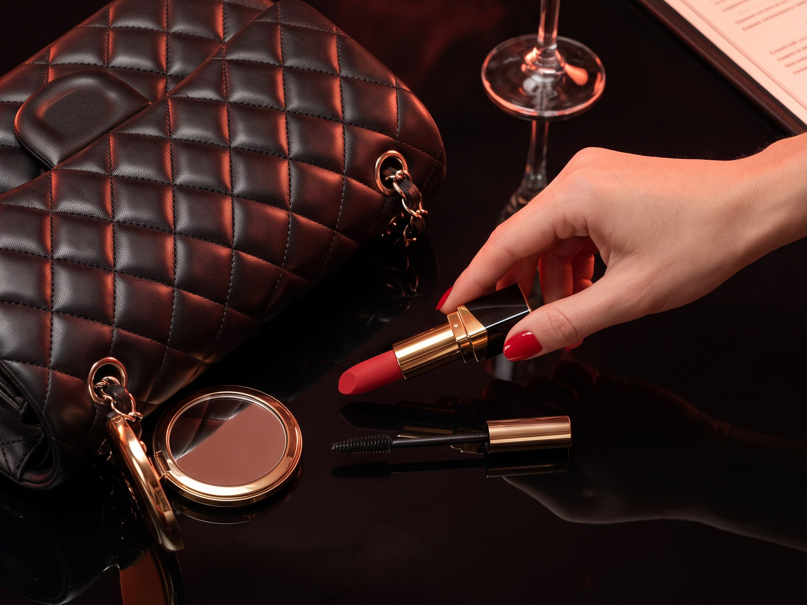 Main saisissant le stimulateur clitoridien My Bourgeoise de Black Empire, discrètement rangé près d'un sac à main et d'accessoires de maquillage