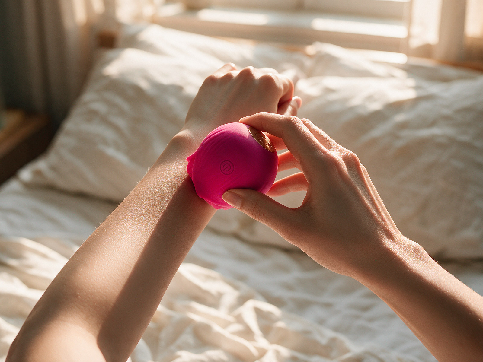 Mains tenant Yoba Rosy, stimulateur clitoridien rose en silicone doux, illustrant la précision de ses tapotements